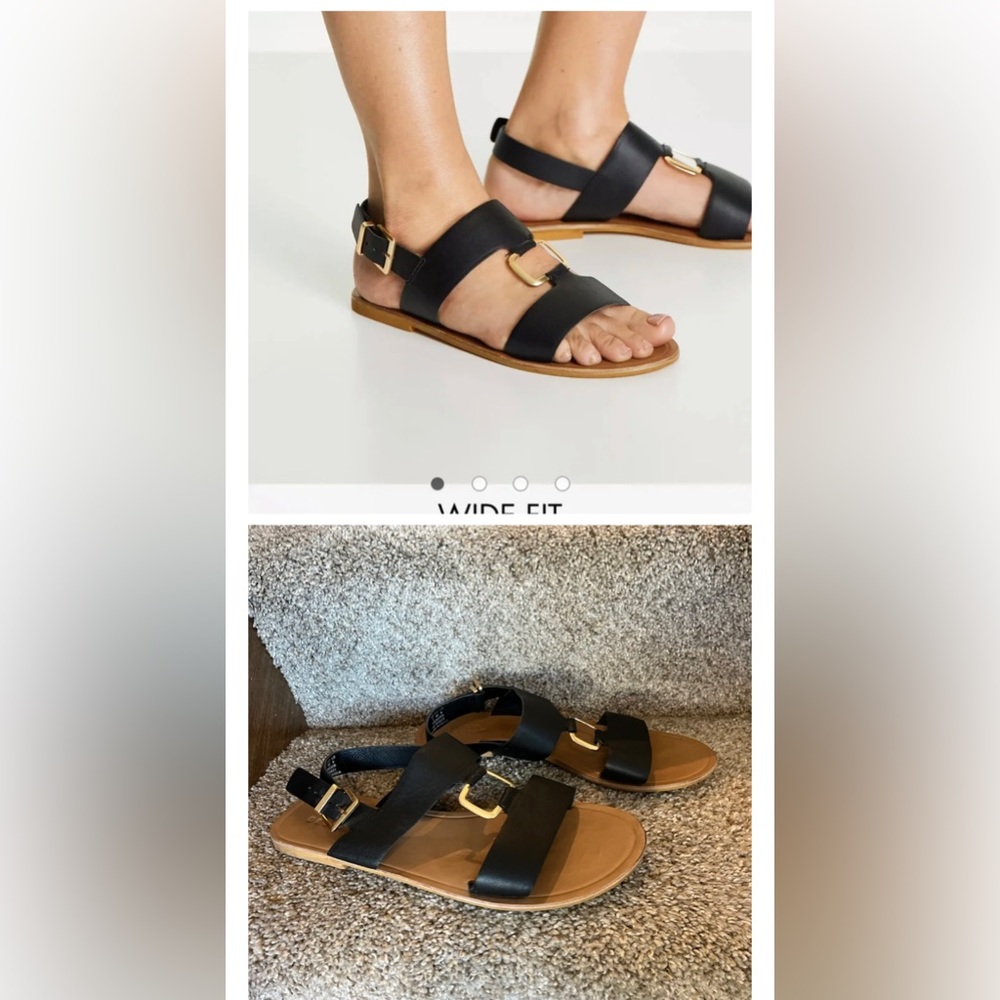 ASOS DESIGN Wide Fit Fenix leather ring detail flat sandals in black Size 9